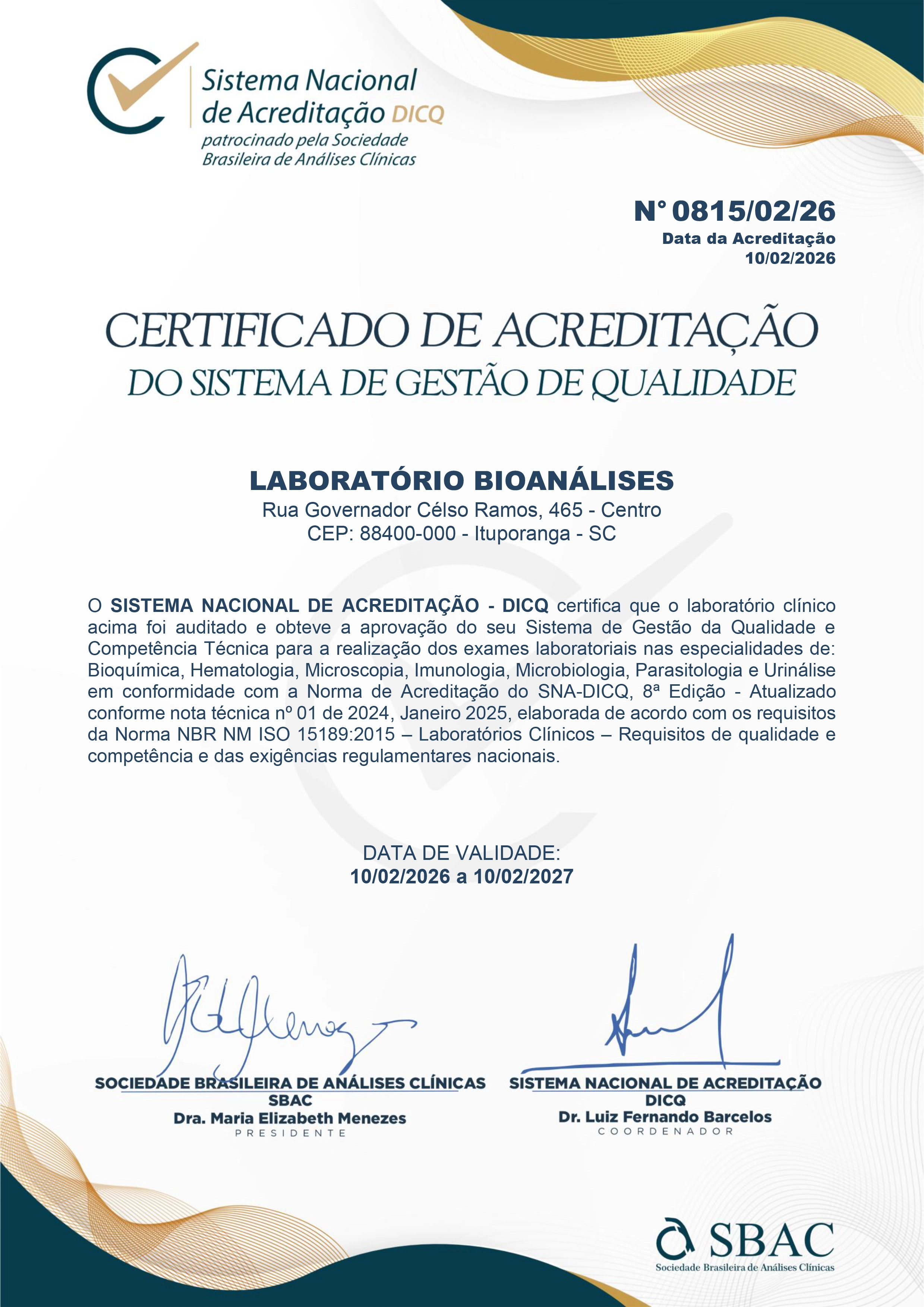 Certificado Excelência Laboratorial BioAnalises