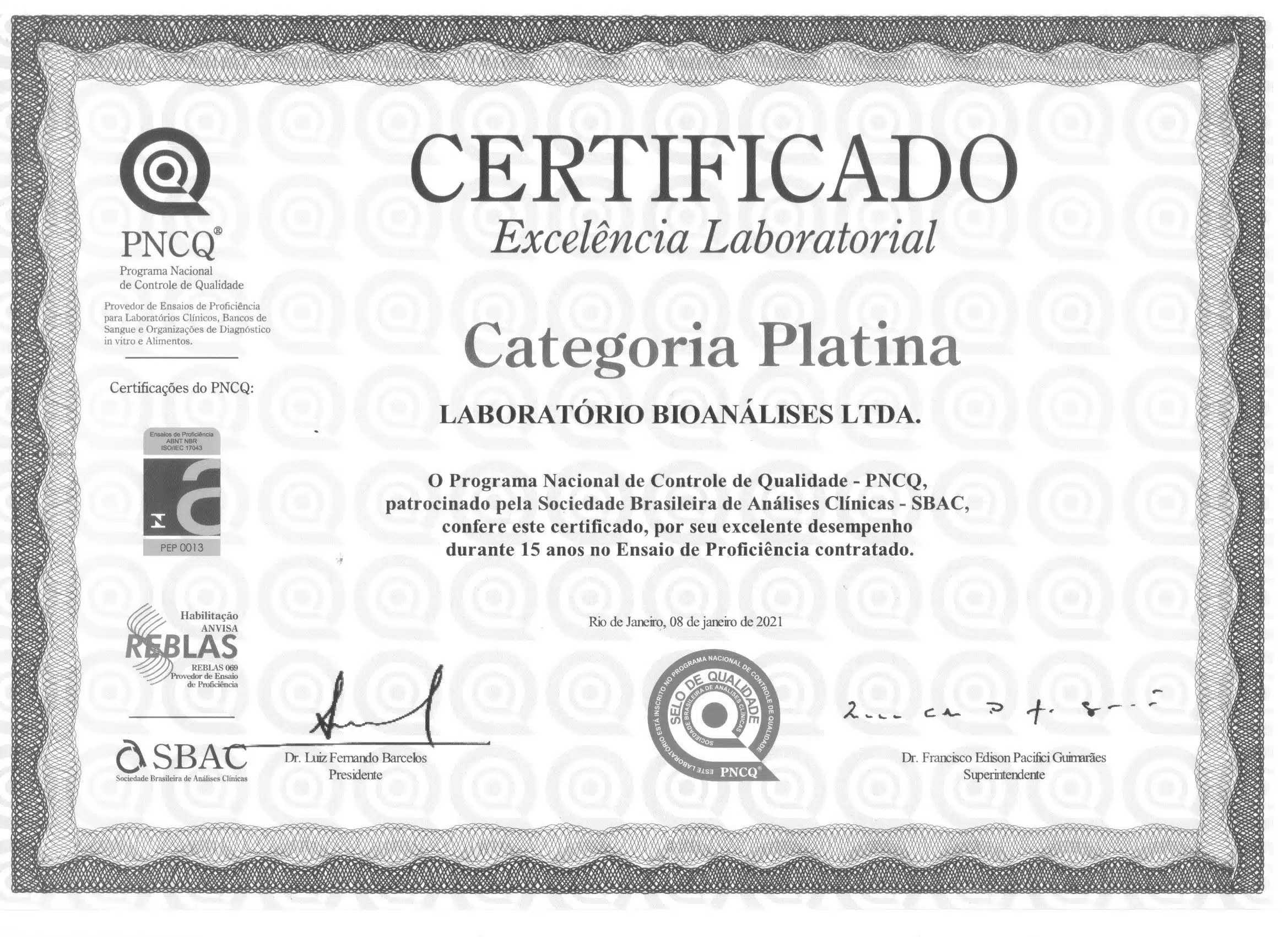 Certificado Excelência Laboratorial BioAnalises
